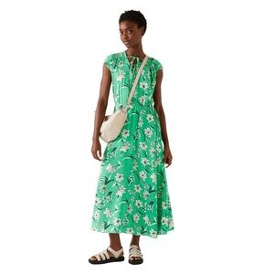 M&S Collection Womens Floral Midi Dress Marks and Spencer Cinch Waist sz 8 Green